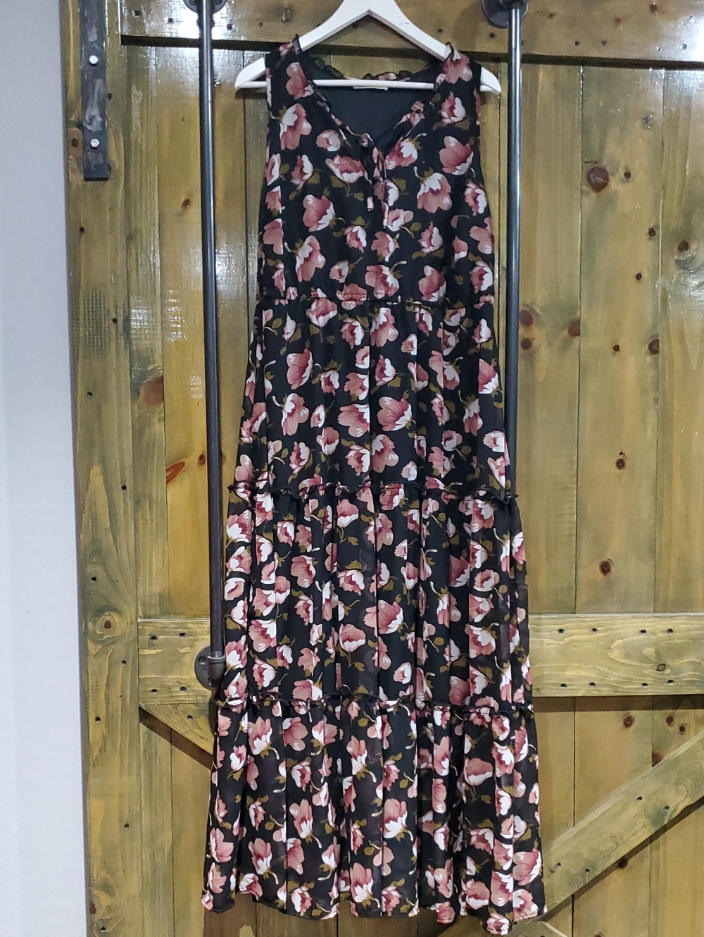 Black Floral Maxi Dress with Pink Roses Maxi Garden Celebration Party Wedding